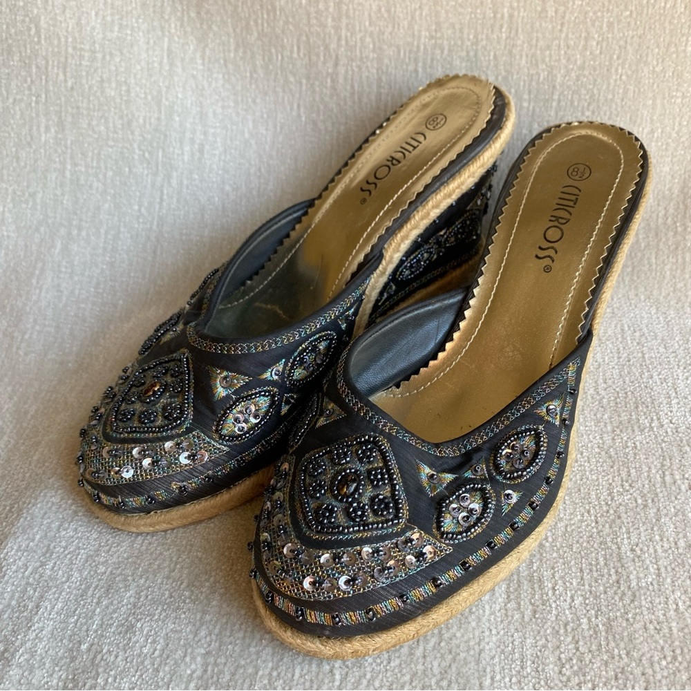 Beaded Black Wedges with Sequin Embelishment